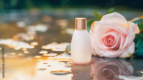Cosmetic bottle with eau de toilette or serum or natural beauty cream on water surface with pink rose. Natural beauty product based on rose flowers, fermented cosmetic. Copy space. Generative ai