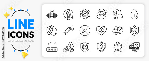 Stress grows, Eye protection and Cardio training line icons set for app include Pets care, Pillow, No vaccine outline thin icon. Uv protection, Dumbbell, Coronavirus pictogram icon. Vector