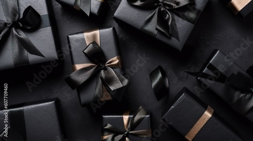 Black Gift Boxes with Ribbon, Flat Lay View. Generative AI