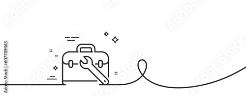 Spanner tool line icon. Continuous one line with curl. Repair tool case sign. Fix instruments symbol. Tool case single outline ribbon. Loop curve pattern. Vector
