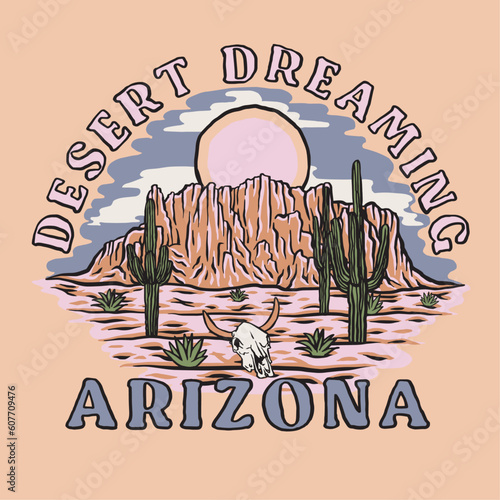 HAND DRAWN ARIZONA DESERT AMERICAN VINTAGE TRAVEL DESTINATION CUTE SWEET HOLIDAY CACTUS TEE PRINT FOR APPAREL MERCHANDISE