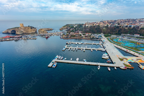 Aerial view of harbor in Black Sea seaside town of Sile in Istanbul, Turkey.