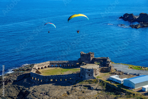 Aerial view of two paramotors flying over the Rumeli Fortress at the Black Sea entrance to the Bosphorus, Istanbul, Turkey. photo