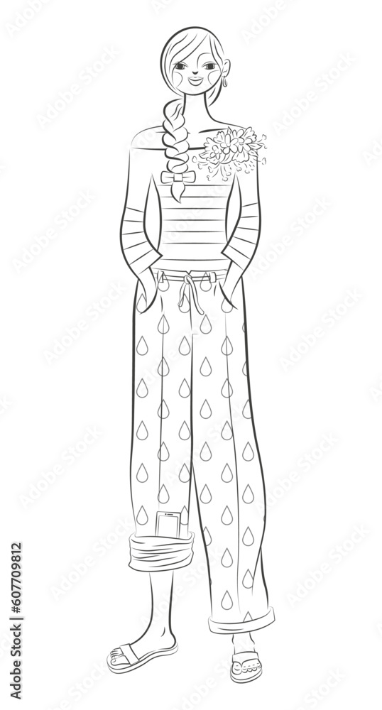Personnage à colorier, jeune femme élégante et souriante avec une tresse qui porte un pantalon large imprimé, une marinière avec des fleurs, dessin au trait sur le thème mode et beauté, noir et blanc Personnage à colorier, jeune femme élégante et souriante avec une tresse qui porte un pantalon large imprimé, une marinière avec des fleurs, dessin au trait sur le thème mode et beauté, noir et blanc