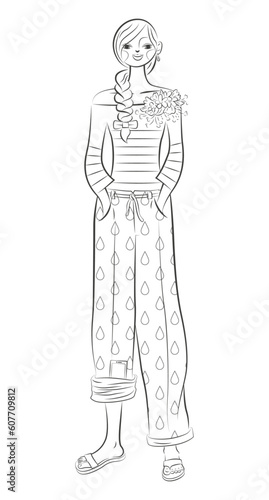 Personnage à colorier, jeune femme élégante et souriante avec une tresse qui porte un pantalon large imprimé, une marinière avec des fleurs, dessin au trait sur le thème mode et beauté, noir et blanc