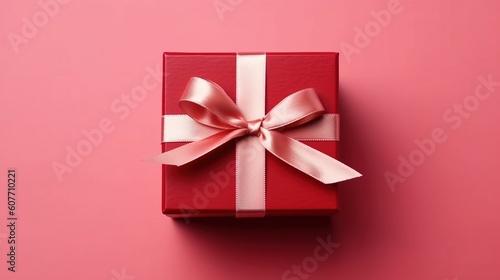 Red Gift Box with Ribbon, Flat Lay View. Generative AI © _veiksme_