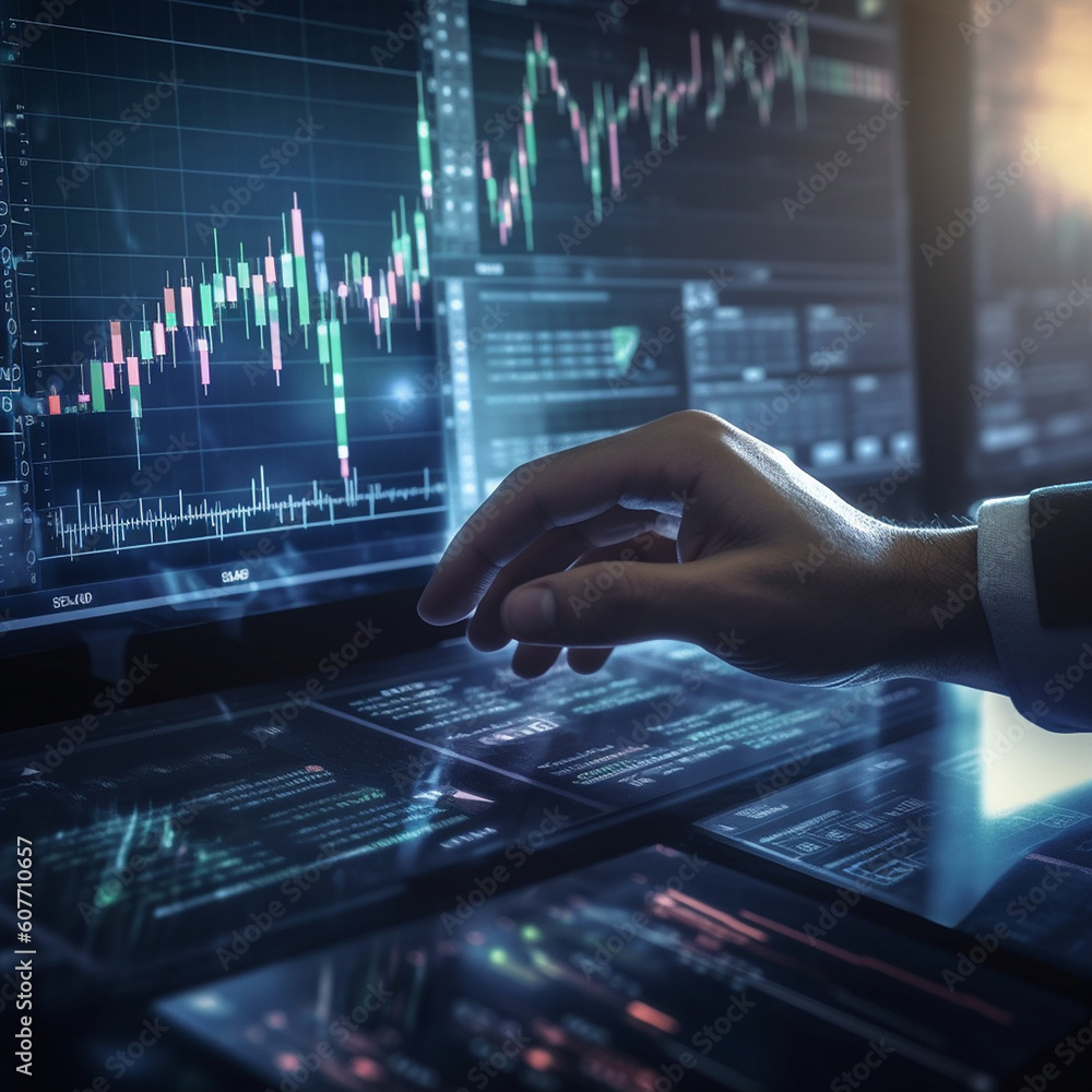 Close up of businessman hand touching screen with candlestick chart. Finance and trade concept. Double exposure Close up of businessman hand touching screen with candlestick chart. Finance and trade concept. Double exposure