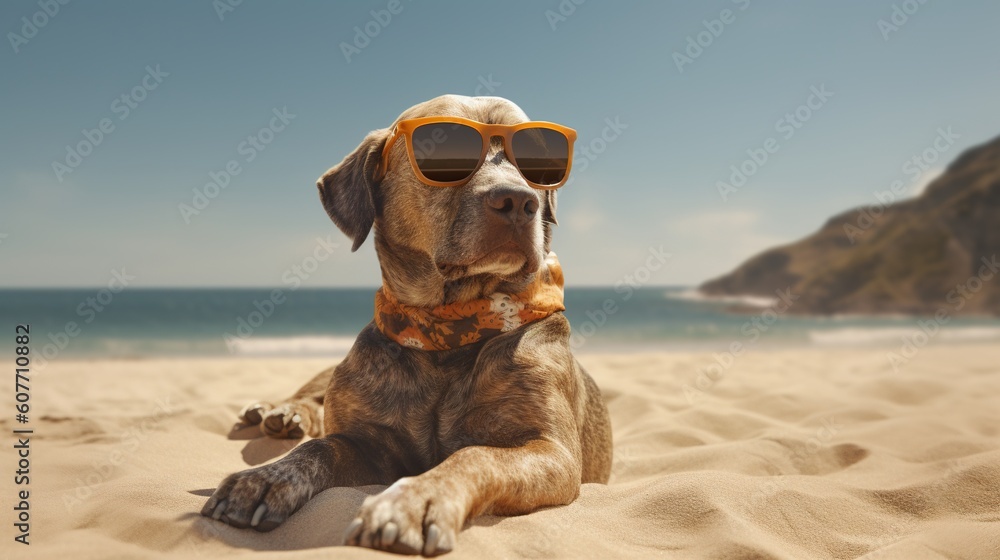 A big dog in sunglasses and a scarf is relaxing on the beach. Generative AI