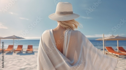 female from the back on the beach wearing summer outfit with hat. Generative AI