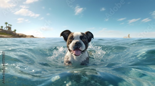 A joyful dog swims on the sea. Generative AI © volga