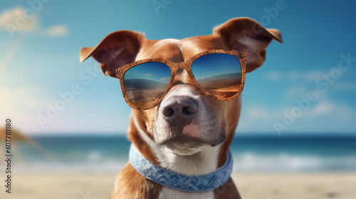Dog in sunglasses on the beach near the sea. Generative AI © volga