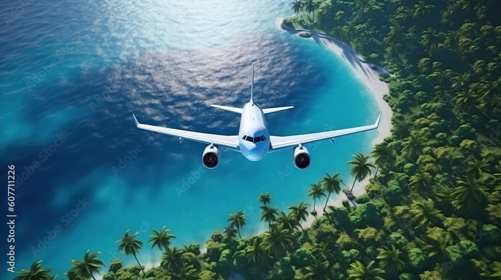 Fototapeta premium airplane flying over a tropical area with palm trees. Generative AI