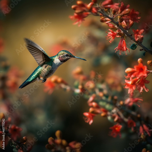 Ruby-throated Hummingbird (archilochus colubris) in flight with flowers in background