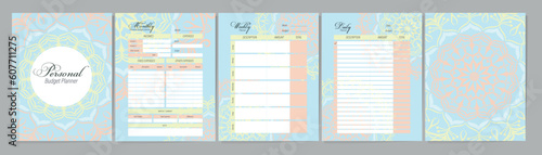 Budget planner for month, week, day. Mandala cover design for the notebook. Minimalist printable planner design.