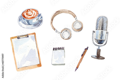 Watercolor podcast elements collection