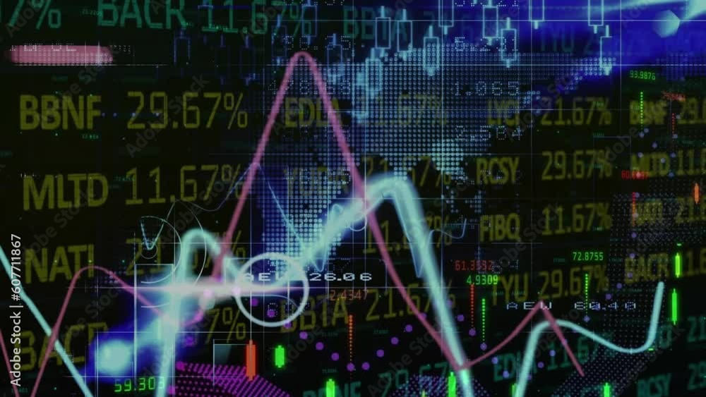 Animation of financial and stock market data processing over world map against black background Animation of financial and stock market data processing over world map against black background