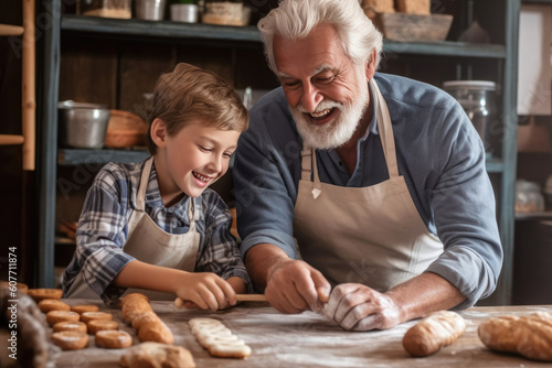 grandfather and grandson baking together. Generative AI