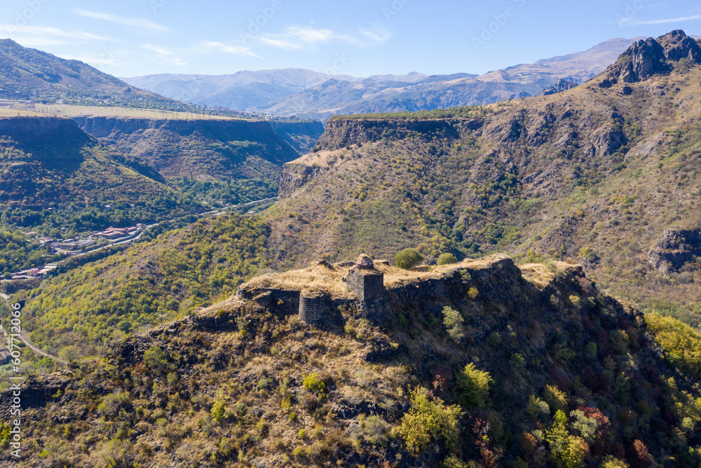 Aerial view of remains of Kayan Fortress on sunny summer day. Lori Province, Armenia.