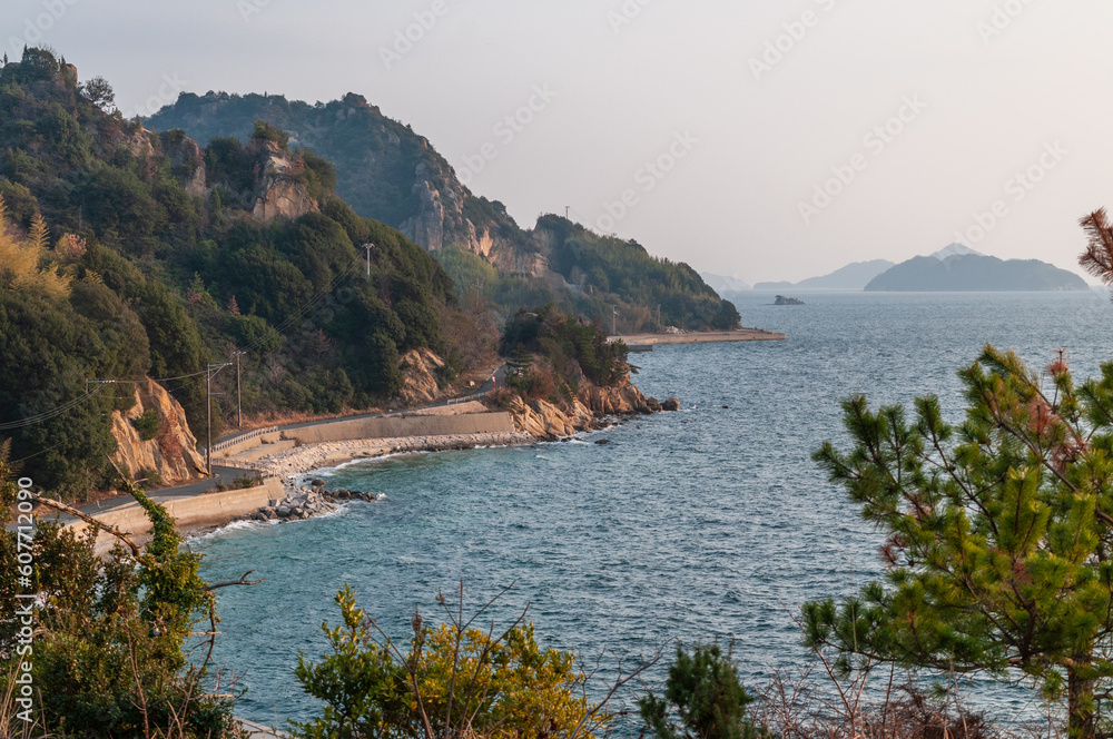 Fototapeta premium Landscape shot of the Shiraishi island coastline in wintertime, Japan