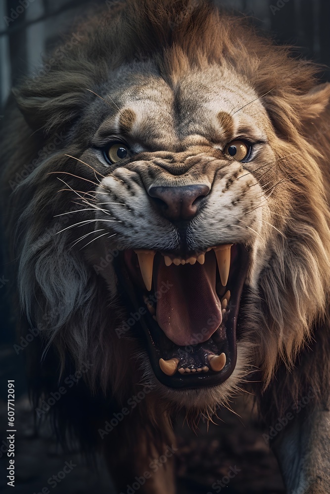 Fierce Lion - Creative wildlife photography capturing the intensity of a lion as it opens its mouth, revealing long white fangs. Witness the raw power and majestic beauty of this creature!
