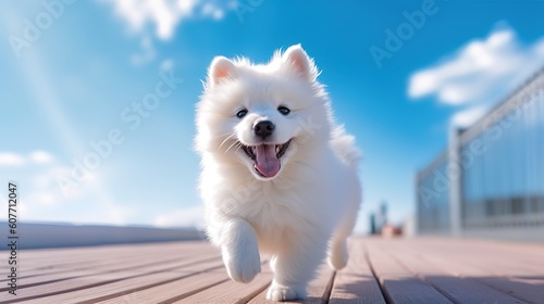 Happy white puppy in nature. Generative AI