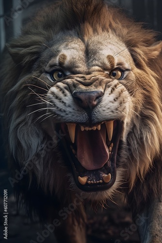 Fierce Lion - Creative wildlife photography capturing the intensity of a lion as it opens its mouth  revealing long white fangs. Witness the raw power and majestic beauty of this creature 