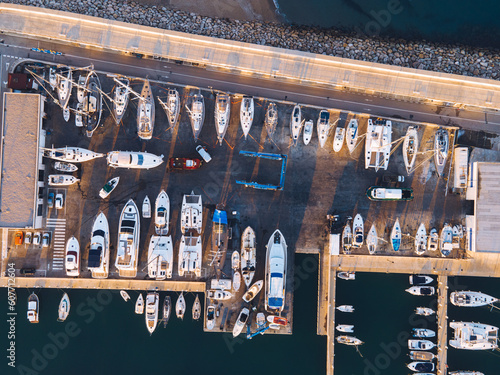 Luxury yacht port drone view