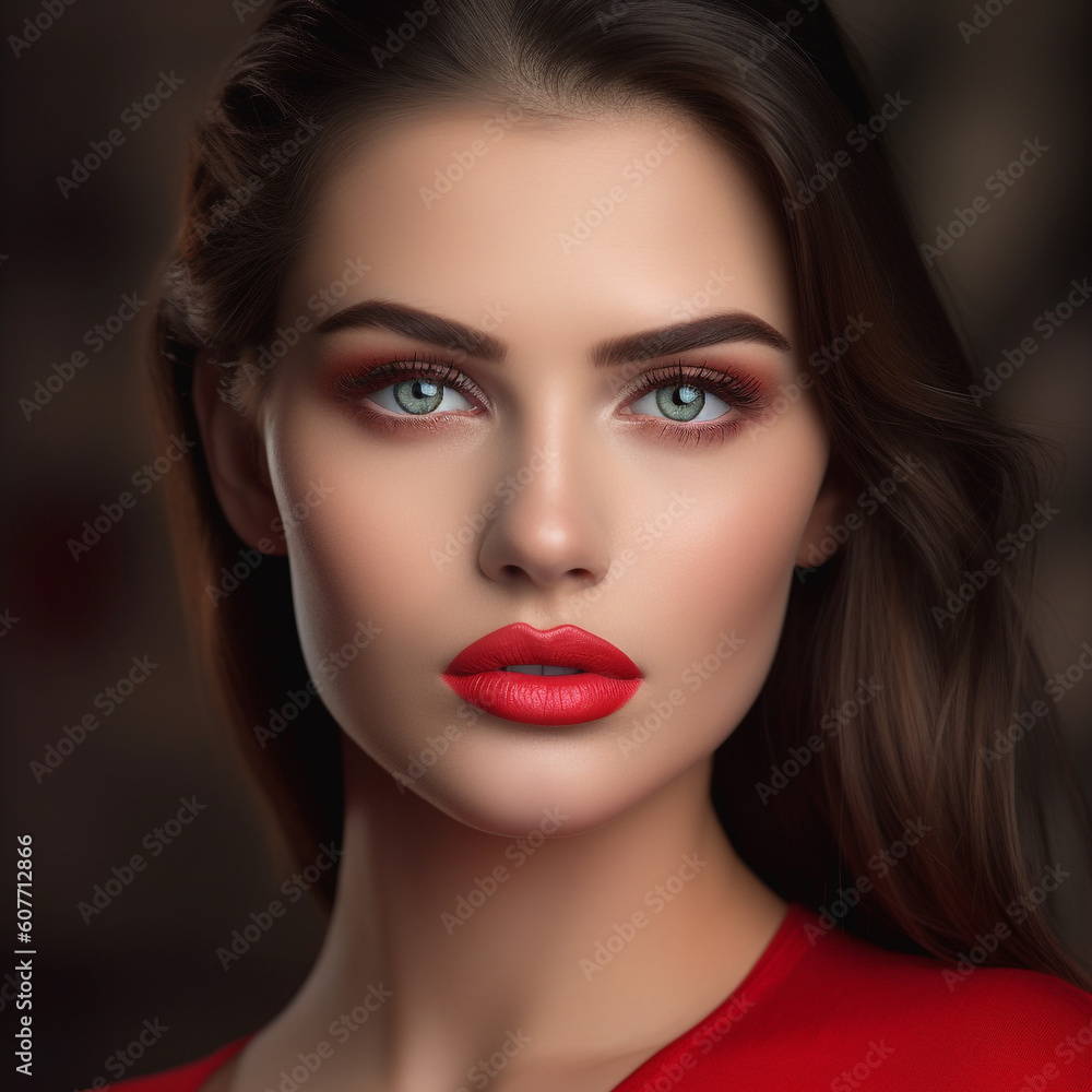 Portrait of an attractive girl with red lips and bright make-up. Portrait of a beautiful brunette woman with long hair. Pretty white woman with long hair. Digital art. Front portrait a pretty lady Portrait of an attractive girl with red lips and bright make-up. Portrait of a beautiful brunette woman with long hair. Pretty white woman with long hair. Digital art. Front portrait a pretty lady