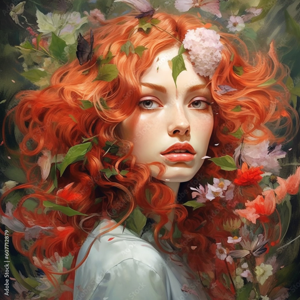 Beautiful girl with long red hair and flowers. Digital painting. Pretty young woman with flowers and beautiful red hair. digital art. Beautiful red-haired girl in flowers. Art digital portrait