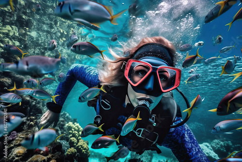 A person is engaged in diving and explores the marine world, a diver sees sea corals and fish under water, generative AI.