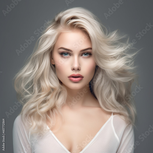 Portrait of a beautiful blonde woman with long curly hair. Blonde girl with professional make-up. A pretty white woman with long curly hair. Blonde female with natural eye make-up. Digital art.