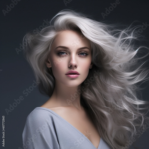 Portrait of a beautiful blonde woman with long curly hair. Blonde girl with professional make-up. Blonde female with natural eye make-up. Digital art. A pretty white woman with long silver hair.