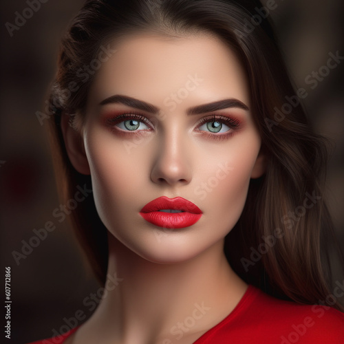 Portrait of an attractive girl with red lips and bright make-up. Portrait of a beautiful brunette woman with long hair. Pretty white woman with long hair. Digital art. Front portrait a pretty lady