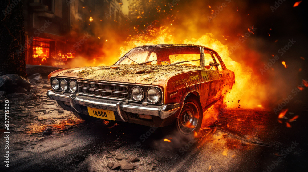 In the aftermath of a raging city fire, a single car stubbornly glows in flames on an empty street, a chilling spectacle of recent fury. Generative AI In the aftermath of a raging city fire, a single car stubbornly glows in flames on an empty street, a chilling spectacle of recent fury. Generative AI