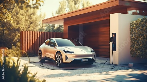 Electric Car Charging at Home with Clean Energy Technology. Generative AI