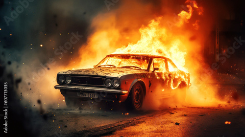 Fényképezés In the aftermath of a raging city fire, a single car stubbornly glows in flames on an empty street, a chilling spectacle of recent fury