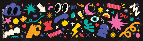 Set of abstract retro geometric shapes vector. Collection of contemporary figure, sparkle, arrow, flower in 70s groovy. Bauhaus Memphis design element perfect for banner, print, stickers, decor.