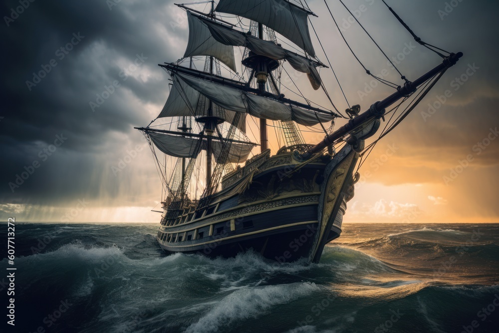 pirates sailing ship in the stormy sea at sunset, ai tools generated image