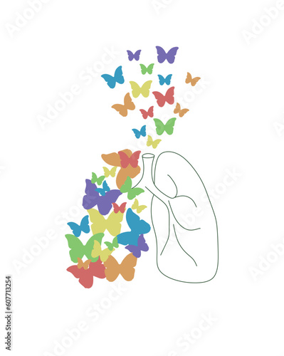 Lungs with Butterflies. Healthy ecological lungs with butterflies anti tuberculosis concept and health concept vector illustration. Mental health breath artwork isolated on white