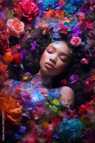 Beautiful girl laying down in the flowers. Spring concept. Generated AI.