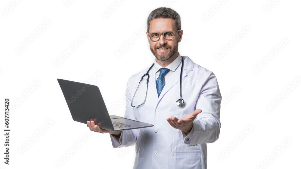 cheerful doctor promoting emedicine isolated on white. doctor offering emedicine in studio cheerful doctor promoting emedicine isolated on white. doctor offering emedicine in studio