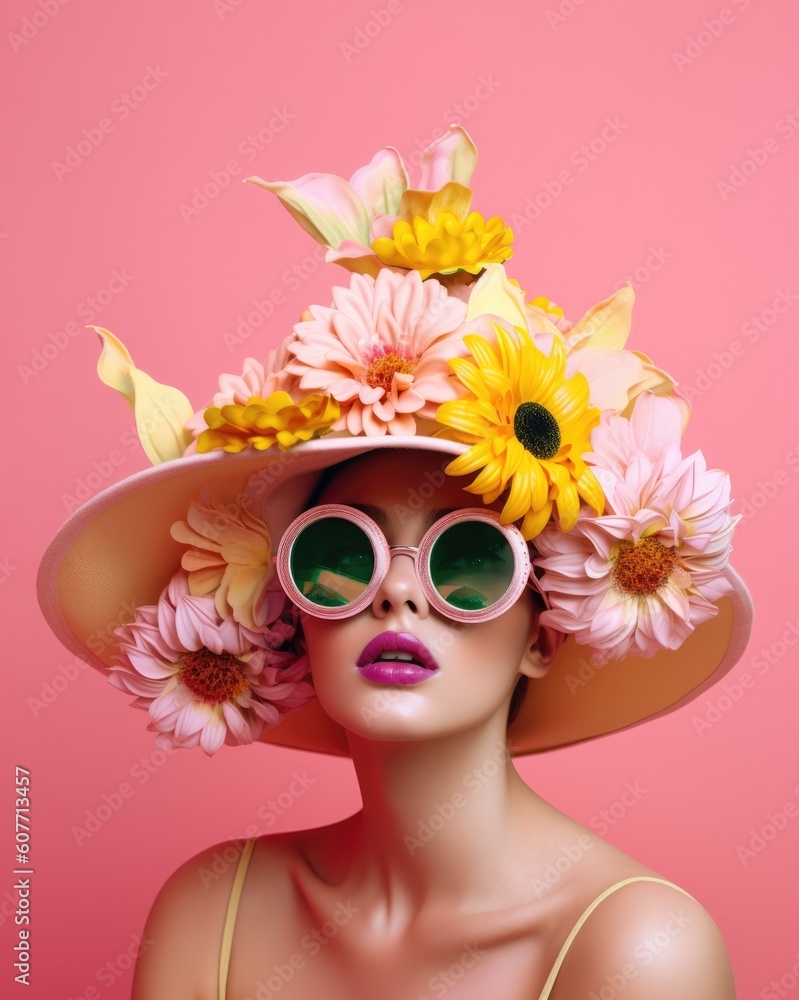 Beautiful female girl woman model posing with modern futuristic design hat in a form of a cacti. on pastel background. Generated AI. Beautiful female girl woman model posing with modern futuristic design hat in a form of a cacti. on pastel background. Generated AI.