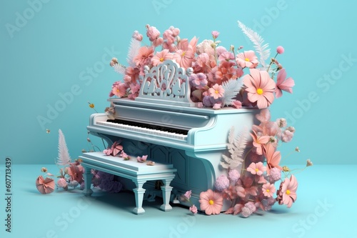 Beautiful music instrument piano with flowers on pastel background. Generated AI. photo