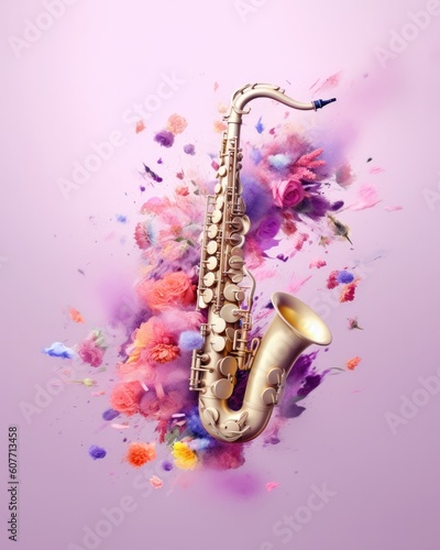 Beautiful music instrument saxophone with flowers on pastel background. Generated AI.