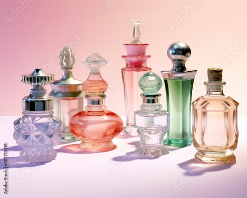 Various retro glass perfume bottles on pastel background. Generated AI. Generated AI.