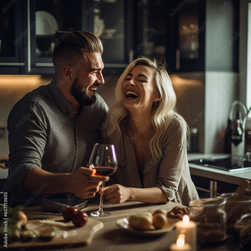 Beautiful young couple is drinking wine and smiling while sitting in the kitchen at home