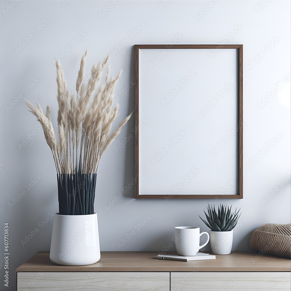 Blank wooden vertical picture frame mockup. Vase with dry reed, grass on table, desk. Cup, books. Elegant interior, home. Decorative boho still life photo. Artistic poster display. AI Generation
