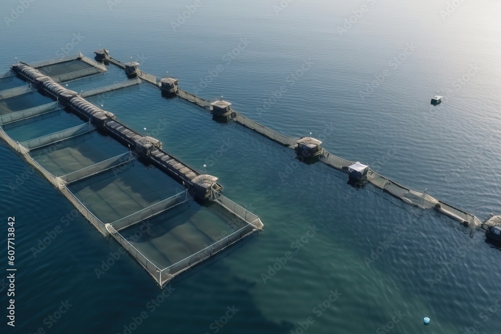 Fish farming on the seashore, a view of the fish farm from a drone, generative AI.