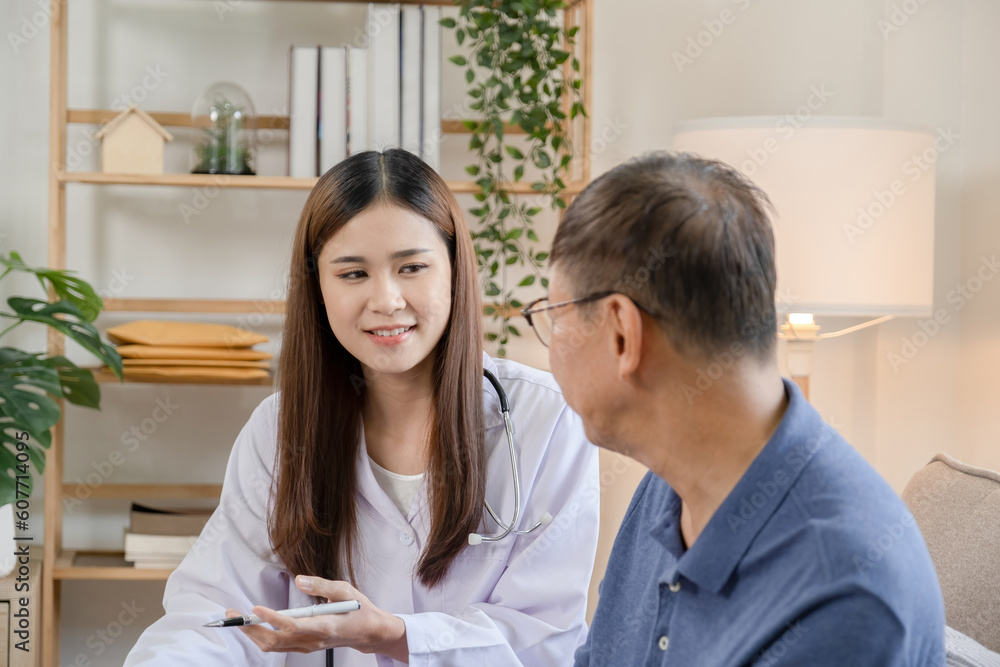 Doctor physician consulting patient, talking to senior adult man client at medical checkup visit. Doctor physician consulting patient, talking to senior adult man client at medical checkup visit.