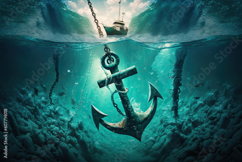 Anchor on the bottom of the ocean underwater, abandoned anchor from a ship underwater, generative AI.